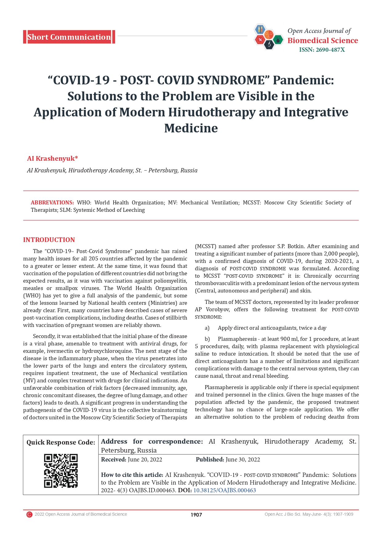 “Covid-19 – Post- Covid Syndrome” Pandemic: Solutions To The Problem